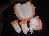 White Satin with Pink Brocade Apron Bonnet and Mitten Set